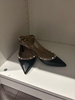 Valentino Garavani Black Pointed Slingback Heels with Gold Stud Trim